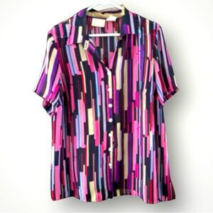 Vintage Worthington Pink Purple Vertical Stripe Button Down Chiffon Top Size 16W